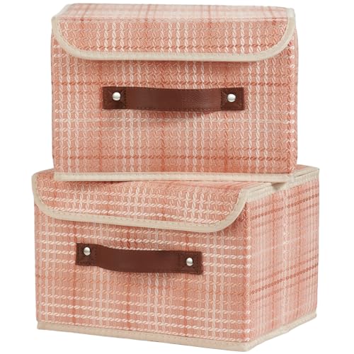 2PCS Storage Boxes with Lid 3D Textured Fabric Storage Bins Closet Organizer Containers Decorative Collapsible Washable Shelf Baskets with Faux Leather Handles (Light Salmon, Small Size) - color: Light Salmon (3D Textured), size: Small (Set of 2)