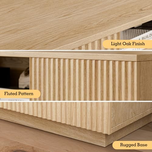 LCRBOL TV Stand for up to 70" TV, Mid-Century Entertainment Center, Natural | 63"W x 15.4"D x 25"H, 2 fluted cabinets, 1 drawer & open shelves, top holds 200 lbs, cable management, ~90 min assembly - color: Beige