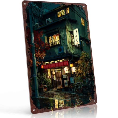Pixel Japanese Street Scene at Night Night Scene Metal Sign 8x12 Inch, Funny Aluminum Wall Decorfor Home Living Room Bedroom Man Cave