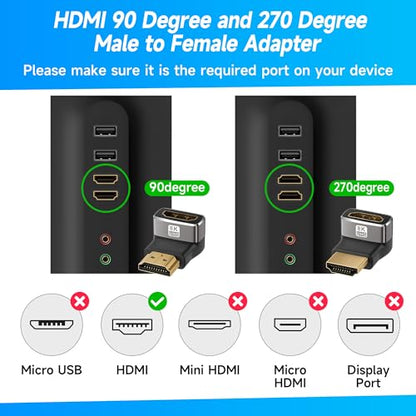 8K 90 Degree HDMI 2.1 Adapter 4 Pack, (Up and Down) Right Angle HDMI Male to Female HDMI L-Shaped Connector Extender Support 8K@60Hz,4K@120Hz for Google Chrome Cast, Roku Stick, Wall TV, Laptop and PC - color: (Up & Down) 90 Degree HDMI Male to Female, si