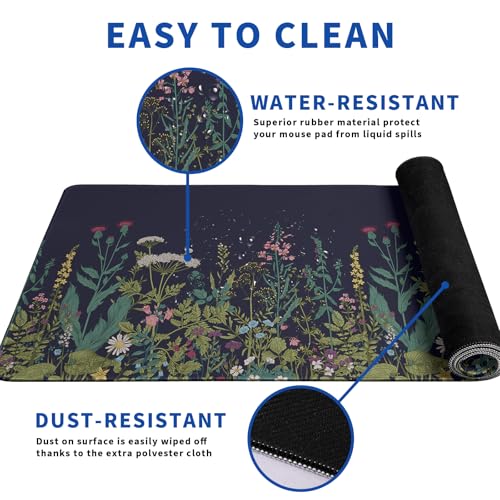 Wildflower Mouse Pad Abstract Black Mouse Pad 31.5x11.8 Inch Flower Texture Non-Slip Rubber Base Large Mousepad Stitched Edges Keyboard Mouse Mat Desk Pad for Office and Home - color: Wildflower