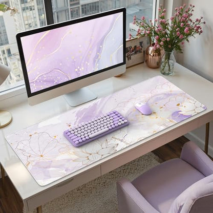 iCasso Desk Cover Mat, Extra Large Lotus Mouse Pad, Desk Pad Mat,Office Matt for Desktop Protector, Anti-Slip XXL Big Mousepad with Stitched Edges for Laptop Computer Keyboard(Purple Lotus Leaf) - color: Purple Lotus Leaf