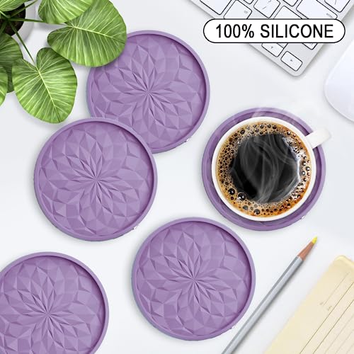 ME.FAN Silicone Coasters with Holder,[6 Pack] Drinking Coasters - Cup Mat for Hot or Cold Drinks, Thickened, Non-Slip, Non-stick,Deep Tray Light Purple - color: Light Purple
