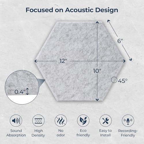 12 Pack Hexagon Acoustic Panels, 12" x 10" x 0.4" High-Density Soundproof Wall Panels, Self-Adhesive Acoustic Wall Panels for Studio, Home, Office, Silvergray - color: Basic Hexagon - SilverGray, size: Hexagon - 12 Pack