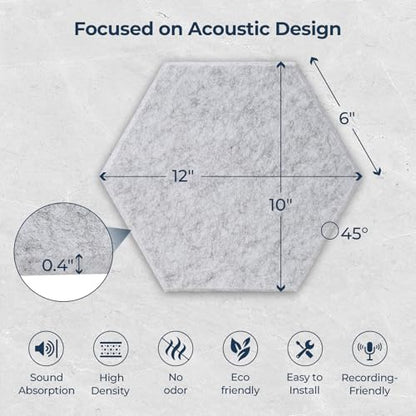 12 Pack Hexagon Acoustic Panels, 12" x 10" x 0.4" High-Density Soundproof Wall Panels, Self-Adhesive Acoustic Wall Panels for Studio, Home, Office, Silvergray - color: Basic Hexagon - SilverGray, size: Hexagon - 12 Pack