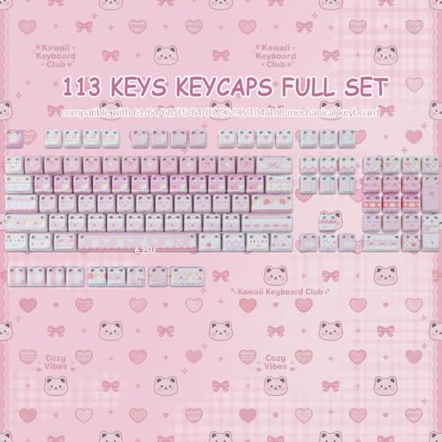PBT Keycaps - Pink Meow Meow Keycap, 113 Keys Side Print Shine Through Cute Keycap, Mao Profile Custom Cat Keycaps for 60 65 75 100 Percent Cherry MX Mechanical Keyboard - color: Pink Meow