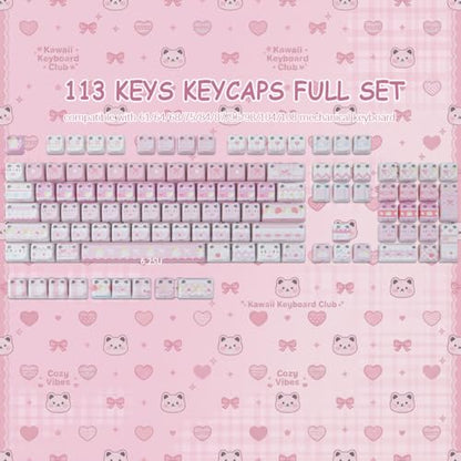 PBT Keycaps - Pink Meow Meow Keycap, 113 Keys Side Print Shine Through Cute Keycap, Mao Profile Custom Cat Keycaps for 60 65 75 100 Percent Cherry MX Mechanical Keyboard - color: Pink Meow