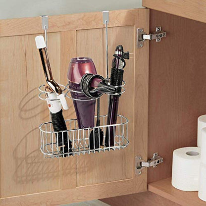 mDesign Over-Cabinet Hair Care Tools Holder for Hair Dryer, Flat Iron, Curling Wand, Straightener - Chrome - color: Chrome