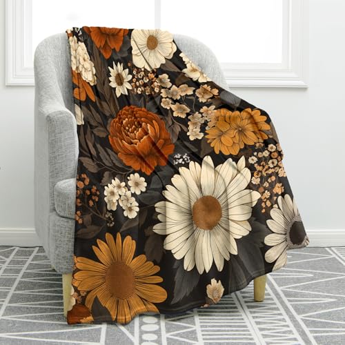 Jekeno Retro Colorful Flowers Blanket Floral Gifts for Women Kids Girls Mom Wife Sister Female Friends Birthday Christmas Halloween Easter Decor Home Bedroom Living Room Throw Blanket 50"x60" - color: Brown Orange, size: 50"x60"
