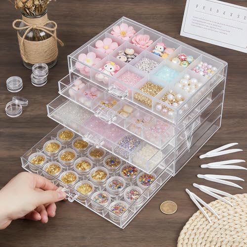 TWINKLEMON 5-Layer Plastic Compartment Storage Box Nail Charm Organizer Box with 5 Drawers 72 Small Round Jars 5 Tweezers Transparent Organizer for Crafts Art Supply Nail Tip Bead Earring Ring