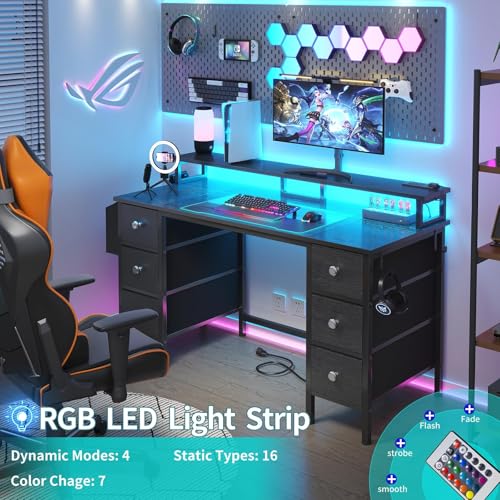 Lufeiya Gaming Desk with LED Lights and Power Outlets, 47 inch Computer Desk with Fabric Drawers & Storage Shelves, Home Office Desk with Monitor Stand, Black - color: Black