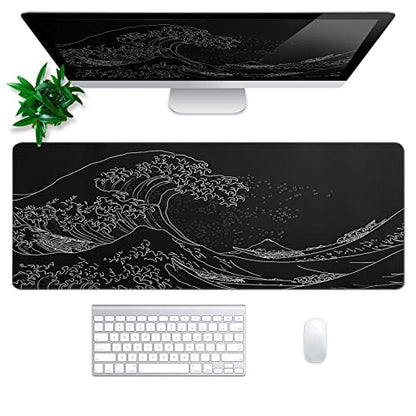 Japanese Gaming Mouse Pad Abstract Black Mouse Pad 31.5x11.8 Inch Black Sea Wave Texture Non-Slip Rubber Base Large Ocean Mousepad Stitched Edges Keyboard Mouse Mat Desk Pad for Office and Home - color: Japanese Sea Wave