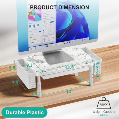 WALI Computer Monitor Stand with Storage, Desk Organizer with Drawer and Pen Holder, Desk Monitor Riser 3 Height Adjustable, Laptop Riser for Computer, Laptop, Printer(PTT003-M), 1 Pack, Marble - color: Marble, size: 14.6"L * 9.3"W,11" 1 Drawer, 2 Pen Hol
