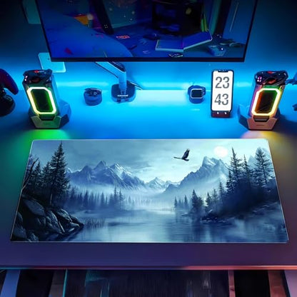 Extended Gaming Mouse Pad XL, Snow Mountain Desk Mat 31.5x15.7, Non-Slip | Majestic large computer desk mat with a soaring eagle and winter mountain landscape print. Ideal for cozy studios. - color: Snow Mountain Eagle