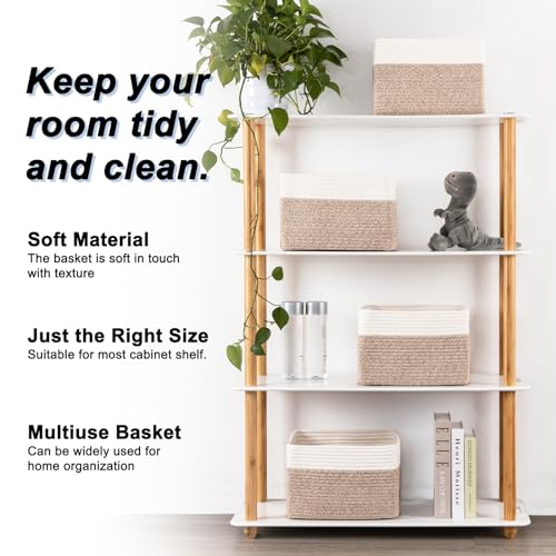 4 Pack Storage Baskets for Organizing, Woven Baskets for Shelves - Perfect for Toys, Books, Towels, and Clothes, Durable Gift Basket Bins Toy Storage, 12.7''Lx9''Wx7.8''H, Brown & White - color: Brown & White, size: Small/12.7''Lx9''Wx7.8''H