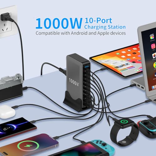 1000W 10-Port GaN 4 Desktop Charging Station with 240W 6.6 ft Data Cable - Compatible with Tablets, Phones, Laptops, Gaming Consoles, Headphones - size: 1000WGaN4
