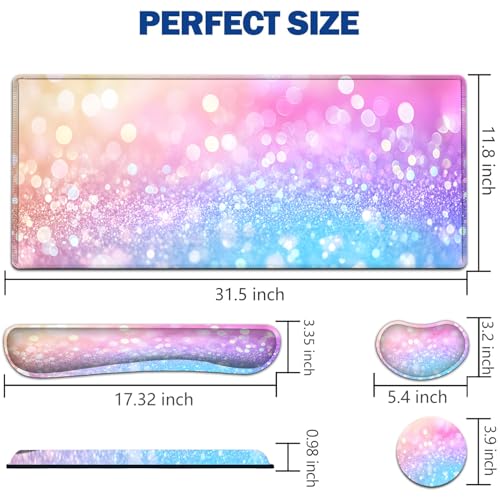 Large Mouse Pad + Keyboard Wrist Rest Set, Extended Gaming Mousepad (31.5X11.8 inch) with Non-Slip Rubber, Ergonomics Memory Foam Mouse Wrist Rest Support, Pink Purple Glitter Bokeh XXL Desk Pad - color: Yu-Mouse Pad-3-B45