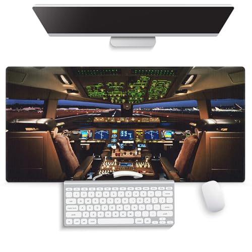 Large Gaming Mouse Pad (31.5" x 15.8") - Airplane Cockpit, Aircraft Flight Deck Design for Boeing 777 Enthusiast XXL Office Accessories, Premium Stitched Anti-Slip Office Desk Mat - color: Modern Aviation