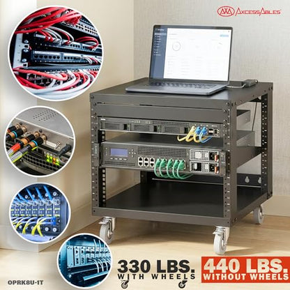AxcessAbles 8U Open Frame Network & AV Rack with Caster Wheels, One 1U Shelf, 10-32 & Cage Nut Compatible Rails, Cage Nuts, Screws, Cage Nut Tool & Wall Mount Kit | 19-Inch Rack - size: 8U - 1 Shelf