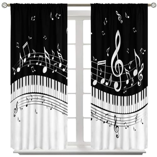 Music Notes Curtain, Black White Musical Notes Piano Key Musical Instruments Modern Romantic Art Window Drapes for Bedroom Living Room 42" W X 45" L(No Blackout) - color: Musical-7, size: 20.5"W x 45"L (Pack of 2)