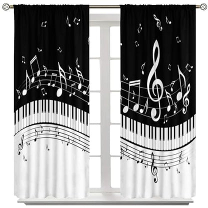 Music Notes Curtain, Black White Musical Notes Piano Key Musical Instruments Modern Romantic Art Window Drapes for Bedroom Living Room 42" W X 45" L(No Blackout) - color: Musical-7, size: 20.5"W x 45"L (Pack of 2)