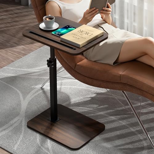 Side Table Sofa Tray for Couch - 360° Swivel Adjustable Height Rotating Sofa Table C Table End Table Laptop Desk with Phone & Tablet Slot, Perfect for Eating Working Reading, Fits Small Spaces - color: Brown