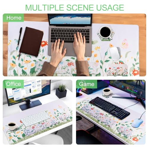 Petmolico Mouse Pad Set with Computer Keyboard Desk Pad,Mouse Pad with Wrist Rest,Typing Wrist Pad and Cup Coasters,Ergonomic Design for Typing Pain Relief【Silver,Wild Flowers】 - color: Silver