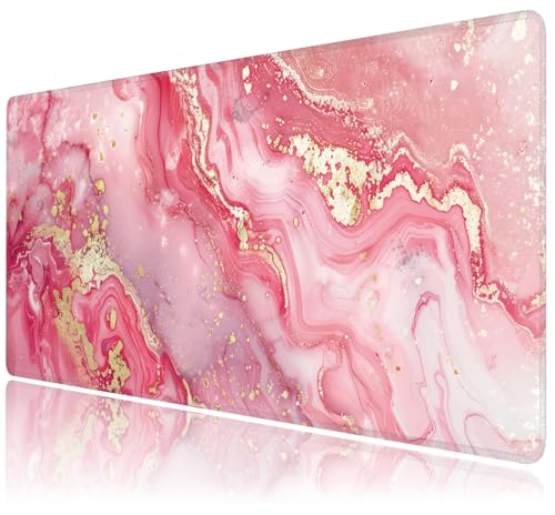 Desk Mat, Pink Marble XXL 35.4"x15.7"Large Gaming Mouse Pad, 3mm Thick Gaming Keyboard Pad,Desk Pad Non-Slip Rubber Base with Stitched Edges for Office Game Home Decor - color: Pink Marble