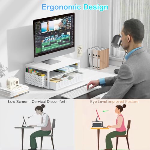 gianotter Desk Organizers and Accessories, Monitor Stand with Drawer and 2 Pen Holder, Desktop Organizer Suitable for Offices and Dormitories (White-Plain) - color: White-Plain