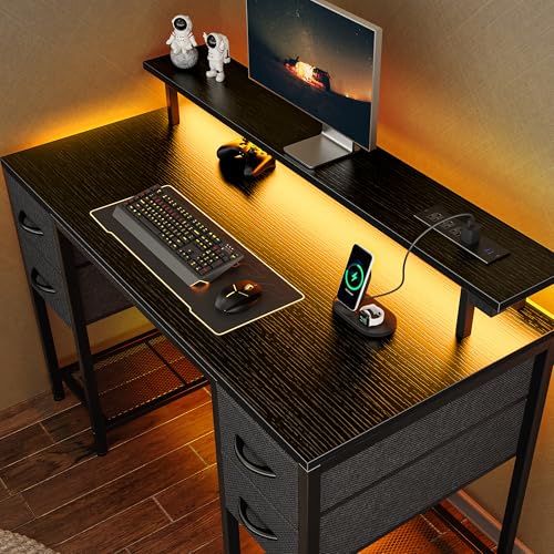 Huuger 47 inch Computer Desk with 4 Drawers, Gaming Desk with LED Lights & Power Outlets, Home Office Desk with Large Storage Space for Bedroom, Work from Home, Black - color: Black, size: 47 Inch