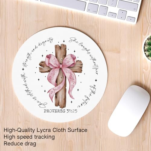 Coquette Pink Bow Cross Christian Mouse Pad, Mouse Pads for Desk, Proverbs 31 Woman Gifts, Religious Bible Verse Mousepad for Office Dorm Computer Laptop Gaming, 8.7x8.7 Inch - color: bow4