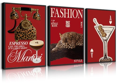 3Pcs Red Trendy Leopard Wall Art Fashion Cheetah Posters Lucky Martini Prints Painting Red Vintage Preppy Pictures Aesthetic Cheetah Wall Decor for Girls Bedroom Apartment Dorm Unframed 12x16in - color: Red-poster, size: 12L" x 16W"