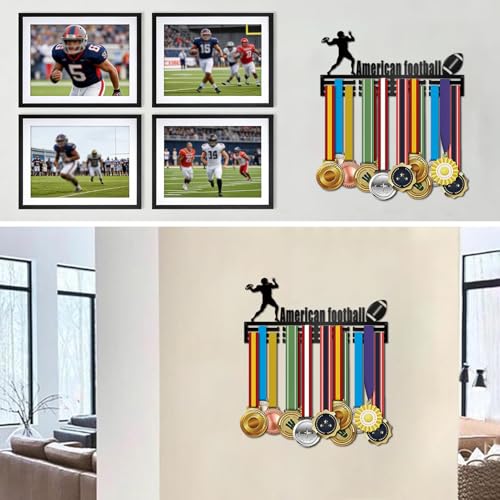 Resama Medal Hanger Holder Display Wall Rack Frame Shelf-Medal Hanger Awards Ribbon Soccer,Gymnastics,Holder Display Rack for 60 Medals - color: American FootBall