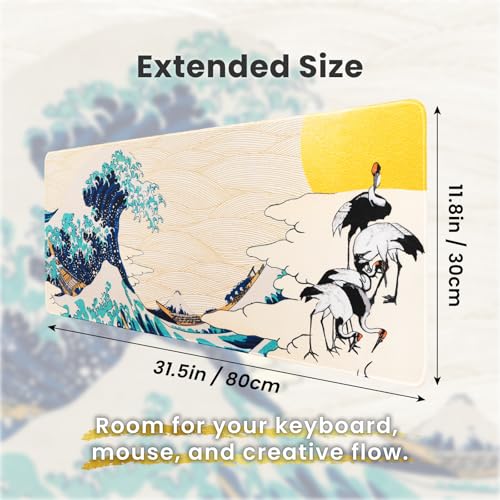 BELLEMOND Japanese Art Desk Mat | Large 31.5x11.8in Anime Mouse Pad for Keyboard & Mouse | Non-Slip Base, Water-Repellent | Original Japanese Design | Waves of Harmony - color: Waves of Harmony