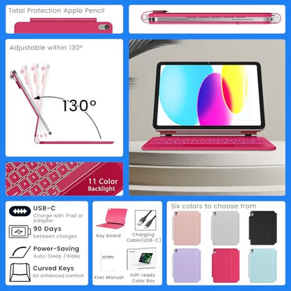 RAYMCRAFT for iPad 11th(A16, 2025)/10th Generation Case with Keyboard, Magic Keyboard 2022, Springy Backlit Keys, Stain-Resistant Surface, Multi-Touch Trackpad, Azalea Red - color: Azalea Red