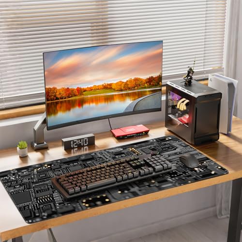 Large Gaming Mouse Pad, Circuit Board Design, Tech-Style Desk Mat, Extended Size 35.4 x 15.7 inches, Non-Slip Base, Microfiber Surface, Waterproof, Suitable for Gaming and Office Use. - color: Circuit Board Pattern