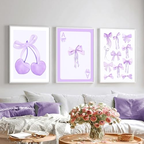 Purple Coquette Trendy Preppy Bows Cherry Wall Art Prints Set of 3 Watercolor Light Purple Poker Posters Wall Decor Girly Dorm Room College Apartment Aesthetic for Girls Bedroom 16x24 inch Unframed - size: 16x24 inch Unframed