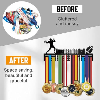 Resama Medal Hanger Holder Display Wall Rack Frame Shelf-Medal Hanger Awards Ribbon Soccer,Gymnastics,Holder Display Rack for 60 Medals - color: American FootBall