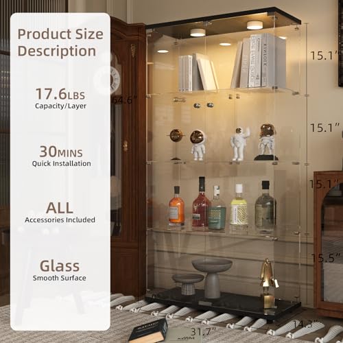 Beauty4U Glass Display Cabinet with Light, 4 Shelves with 2 Doors, Curio Cabinets for Living Room, Bedroom, Office, Black Floor Standing Glass Bookshelf, Quick Installation - color: Black-led, size: 2-Door 4-Shelf