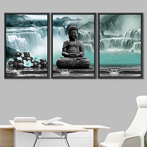 NWT Framed Canvas Print Wall Art Set Zen Buddha Buddhism Waterfall Flower Landscape Nature Wilderness Digital Art Modern Rustic Scenic Multicolor for Living Room, Bedroom, Office - 16"x24"x3 Black - color: A02-2206-m21, size: 16" x 24" x 3 Panels BLACK