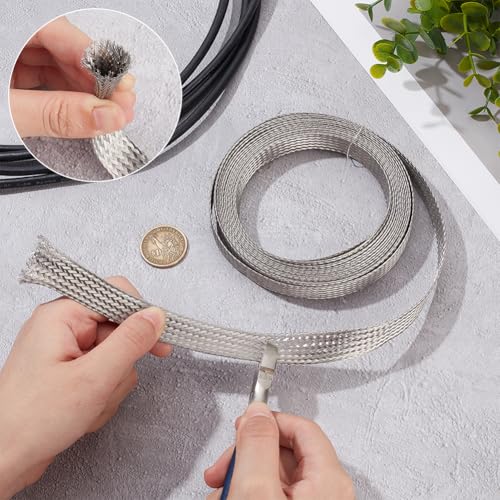 UNICRAFTALE 0.59" Wide Stainless Steel Braided Sleeving Braid 13.12 Feet Cable Wire Shielding Sleeve Ground Straps Protection Metal Mesh Flexible Expandable Scalable Ribbon Wire for Protect Cable - size: 4m x 15mm