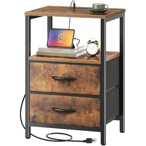 Huuger Nightstand with Charging Station, Fabric Drawers, End Table with Open Shelf, Bedside Table with USB Ports and Outlets, Night Stand for Bedroom, Rustic Brown - color: Rustic Brown, size: 11.8"d X 15.7"w X 23.6"h (2 Drawers)