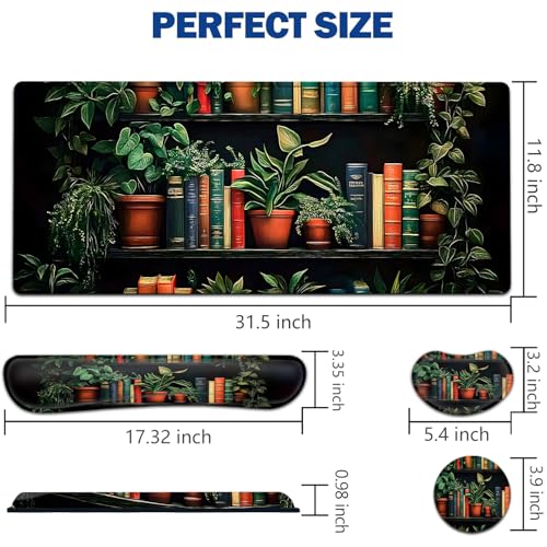 Large Mouse Pad + Keyboard Wrist Rest Set, Extended Gaming Mousepad (31.5X11.8 inch) with Non-Slip Rubber, Ergonomics Memory Foam Mouse Wrist Rest Support, Bookshelf Plants Pattern XXL Desk Pad - color: Yu-Mouse Pad-3-B41