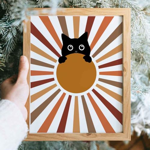 4Pcs Boho Aesthetic Minimalist Black Cat Wall Poster Decor Gifts for Lovely Cat, Farmhouse Geometric Hanging Wooden Wall Art, Mid Century Bohemian Abstract Moon and Sun Wood Sign, 8" X 10"Unframed