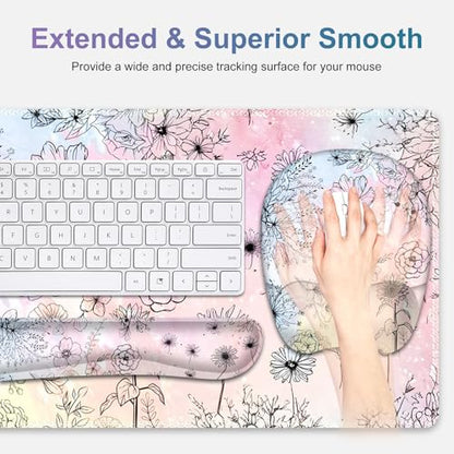Large Mouse Pad, Keyboard Wrist Rest Set, Ergonomic Mouse Pad with Wrist Support, Desk Mat with Stitched Edges Extended Desk Pad Waterproof Desk Mat for Home Office Game I Dandelion & Sunflower - color: Dandelion & Sunflower