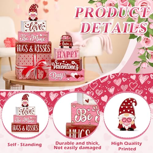 8Pcs Valentine's Day Table Decor Set, Rustic Wooden Love Hugs & Kisses and Happy Valentine's Day Tiered Tray Decorations, Farmhouse Wooden Stack Block Signs with Hearts Gnome for Home Kitchen Office - style: Pink Gnome Valentine's Day