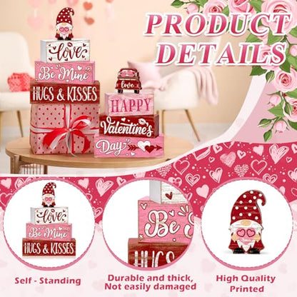 8Pcs Valentine's Day Table Decor Set, Rustic Wooden Love Hugs & Kisses and Happy Valentine's Day Tiered Tray Decorations, Farmhouse Wooden Stack Block Signs with Hearts Gnome for Home Kitchen Office - style: Pink Gnome Valentine's Day