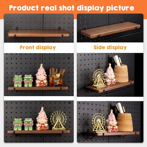 2 Pcs Walnut Finish Wooden Pegboard Shelf for 1/4" Metal Pegboard | Hardwood, High Balance No Tilt, Natural texture, Pegboard Accessories for Craft Room Home Garage Workbench