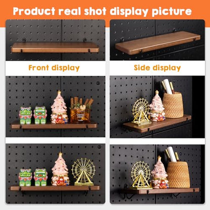 2 Pcs Walnut Finish Wooden Pegboard Shelf for 1/4" Metal Pegboard | Hardwood, High Balance No Tilt, Natural texture, Pegboard Accessories for Craft Room Home Garage Workbench