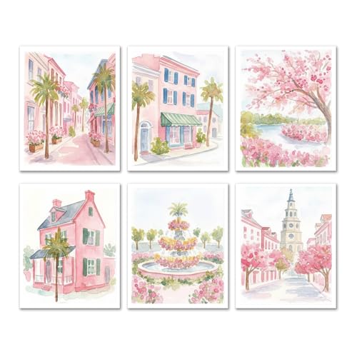 Isfvqyub Preppy Pastel Pink Charleston Wall Art, Aesthetic Coquette South Carolina Poster For Girl, Trendy Girly Church Street Wall Decor For Bedroom Dorm College Nursery, Set Of 6 -A14 - size: Pink Charleston